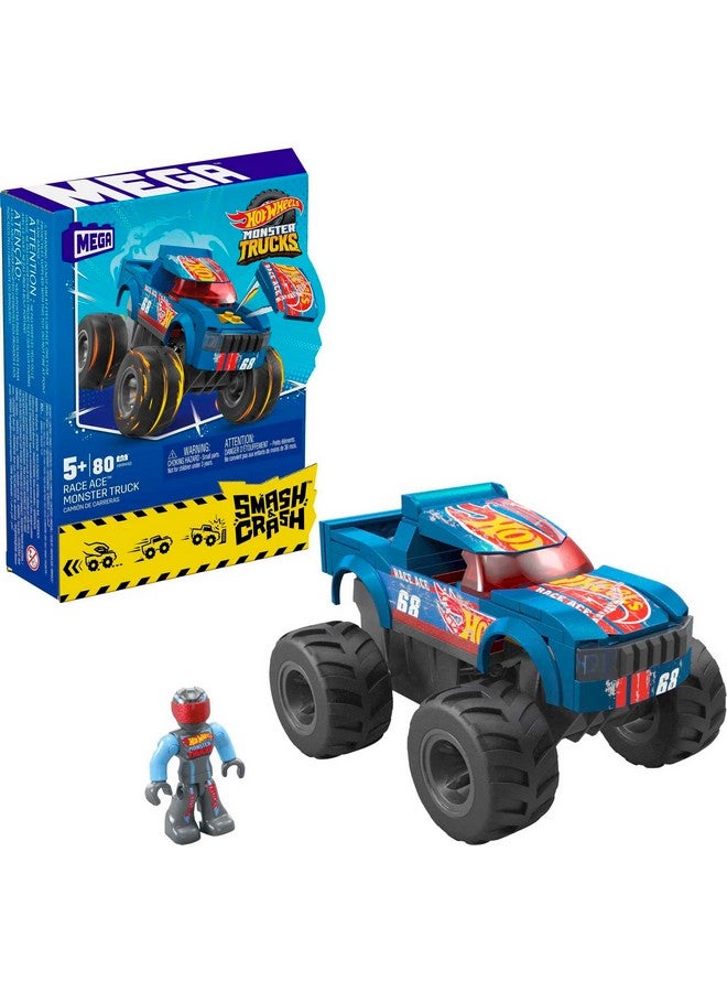 Mega Brands MEGA Hot Wheels Monster Trucks Toy Car Building Set, Smash & Crash Race Ace with 85 Pieces, 1 Micro Action Figure Driver, Blue, Kids Age 5+ Years  - Image 1