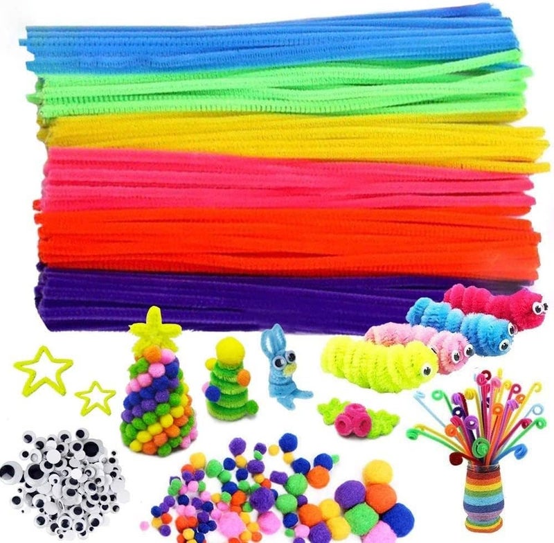 Prescent Craft Art Set of 100pc Multicolor Pipe Cleaners 1000 pc mixcolor Set of pom pom Balls and 125pc Googly Eyes (Pipe Cleaners, pom pom Balls and Googly Eyes) - Image 1