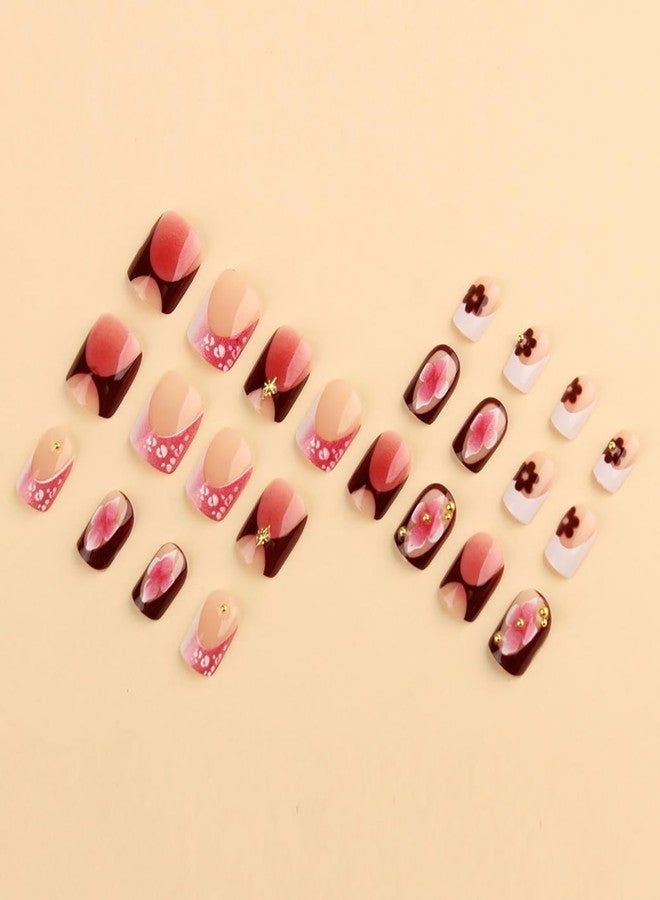 ASABITE 24Pcs Short Square Press on Nails French Tip Fake Nails with Flower Steel Ball Design Ombre Nails Press ons Spring Summer Flower False Nails handmade Reusable Stick on Nails for Women DIY Manicure - Image 5