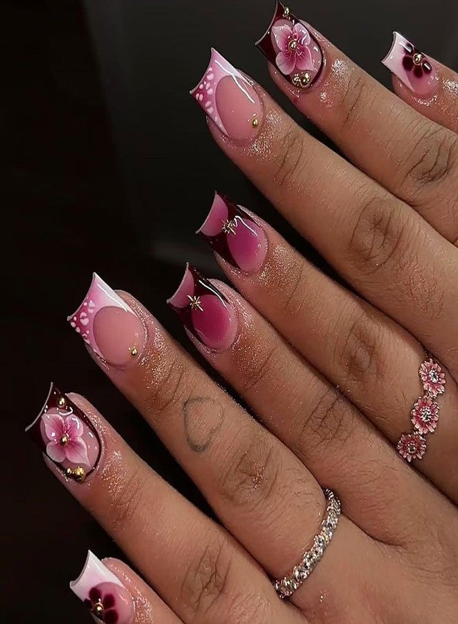 ASABITE 24Pcs Short Square Press on Nails French Tip Fake Nails with Flower Steel Ball Design Ombre Nails Press ons Spring Summer Flower False Nails handmade Reusable Stick on Nails for Women DIY Manicure - Image 1