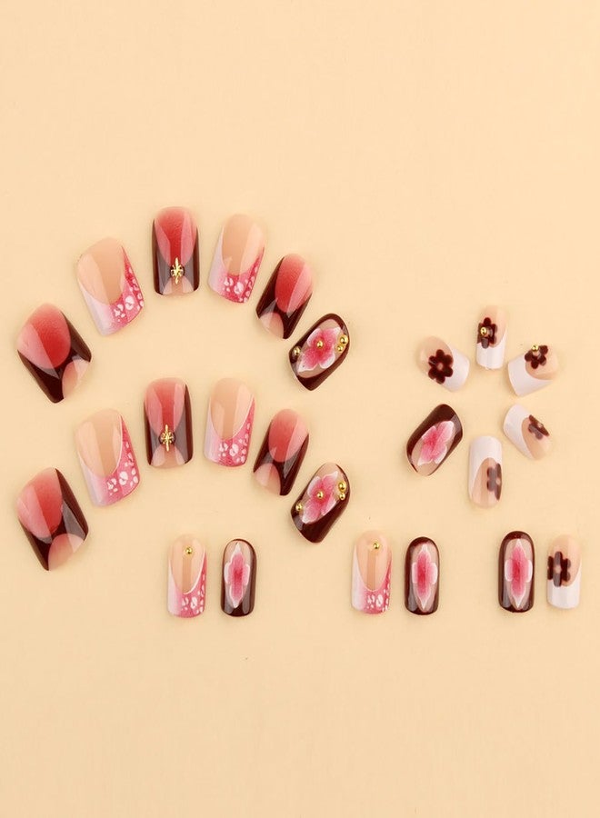 ASABITE 24Pcs Short Square Press on Nails French Tip Fake Nails with Flower Steel Ball Design Ombre Nails Press ons Spring Summer Flower False Nails handmade Reusable Stick on Nails for Women DIY Manicure - Image 3