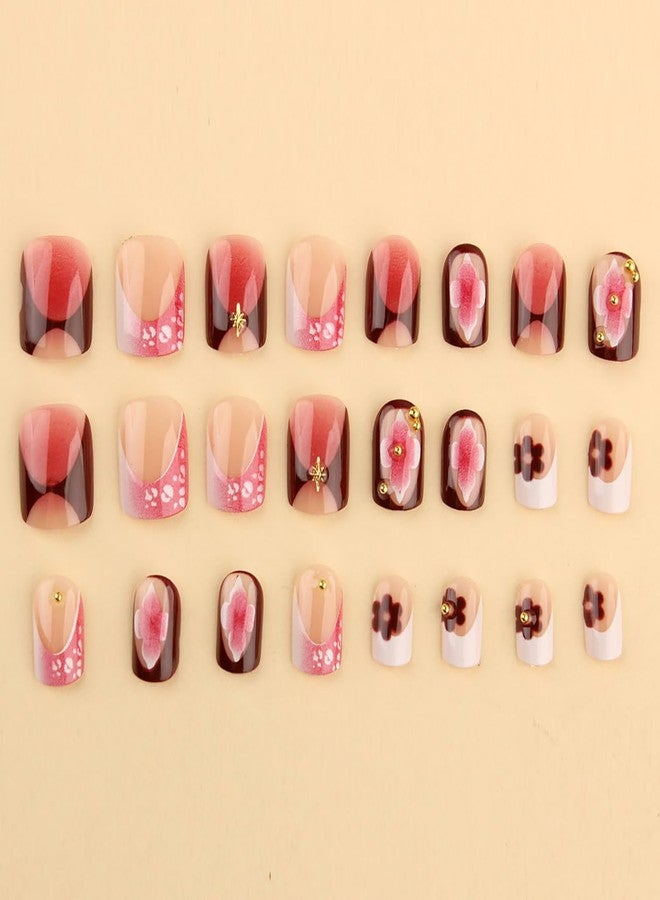 ASABITE 24Pcs Short Square Press on Nails French Tip Fake Nails with Flower Steel Ball Design Ombre Nails Press ons Spring Summer Flower False Nails handmade Reusable Stick on Nails for Women DIY Manicure - Image 2