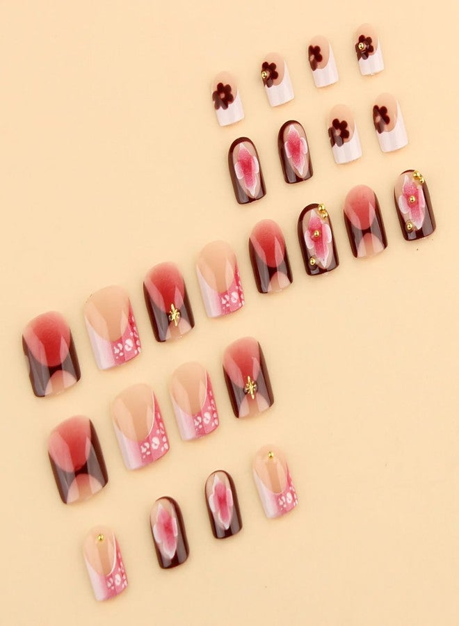 ASABITE 24Pcs Short Square Press on Nails French Tip Fake Nails with Flower Steel Ball Design Ombre Nails Press ons Spring Summer Flower False Nails handmade Reusable Stick on Nails for Women DIY Manicure - Image 4