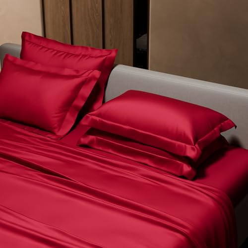 Stoa Paris 300 TC Satin Bedsheet Super King Size Bed With Pillow Covers, Premium Ultra Satin Bedding Set, Gifts For Women, Couples, Wedding, Bedroom Home Furnishing, Date Night Collection - Flirty Red - Image 4