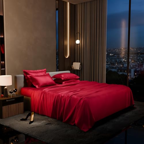 Stoa Paris 300 TC Satin Bedsheet Super King Size Bed With Pillow Covers, Premium Ultra Satin Bedding Set, Gifts For Women, Couples, Wedding, Bedroom Home Furnishing, Date Night Collection - Flirty Red - Image 1