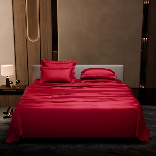 Stoa Paris 300 TC Satin Bedsheet Super King Size Bed With Pillow Covers, Premium Ultra Satin Bedding Set, Gifts For Women, Couples, Wedding, Bedroom Home Furnishing, Date Night Collection - Flirty Red - Image 2