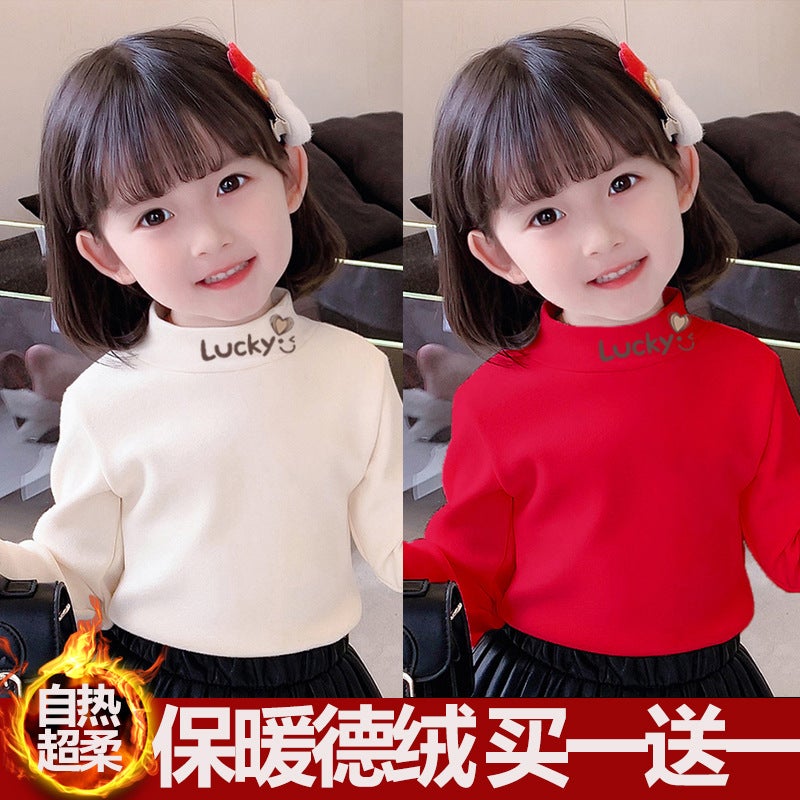 Girls' Semi-High Collar Long-Sleeved T-Shirt Top Base Shirt Semi-High Collar Children'S Autumn Clothes Warm T-Shirt - Image 1