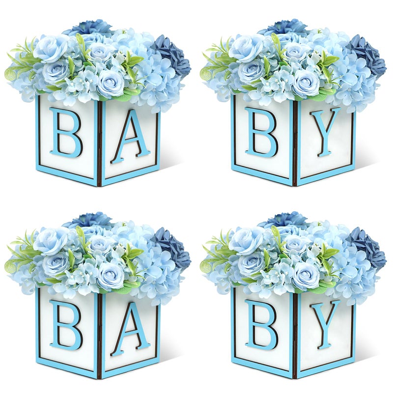MASTRON Baby Shower Boxes Decorations 4Pcs Wood Baby Blocks with Printed Baby Letter Blue Baby Shower Centerpieces for Table Gender Reveal Neutral Baby Shower Supplies - Image 2