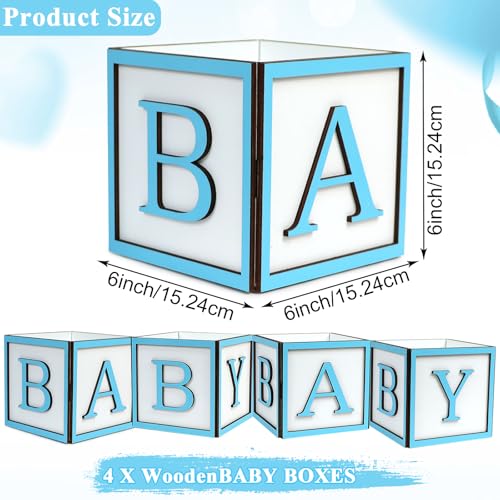 MASTRON Baby Shower Boxes Decorations 4Pcs Wood Baby Blocks with Printed Baby Letter Blue Baby Shower Centerpieces for Table Gender Reveal Neutral Baby Shower Supplies - Image 3