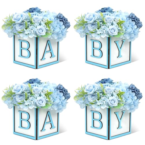 MASTRON Baby Shower Boxes Decorations 4Pcs Wood Baby Blocks with Printed Baby Letter Blue Baby Shower Centerpieces for Table Gender Reveal Neutral Baby Shower Supplies - Image 1