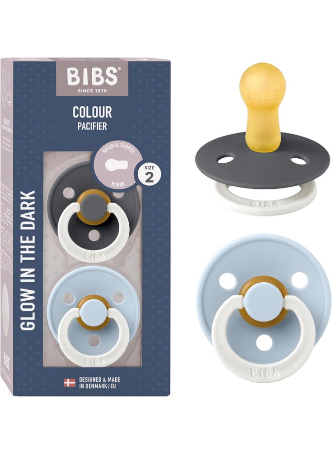 BIBS - Pack of 2 Colour Glow Soother Glow In The Dark Bpa Free Dummy Pacifier, Round . Natural Rubber Latex, Size 2 6 18 Months , Iron Night/Baby Blue Night, 6 - 18 Months - Image 1