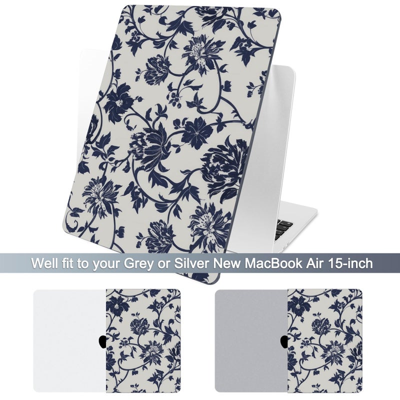 Batianda Case for New MacBook Air 15 inch 2025 M4 2024 2023 Model A3241 A3114 M3 A2941 M2,Slim Lightweight Protective Shell with Creative Pattern with Keyboard Cover & Screen Protector, Navy Flowers - Image 2