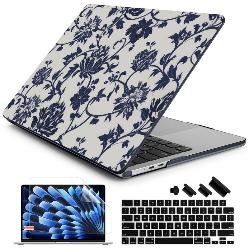 Batianda Case for New MacBook Air 15 inch 2025 M4 2024 2023 Model A3241 A3114 M3 A2941 M2,Slim Lightweight Protective Shell with Creative Pattern with Keyboard Cover & Screen Protector, Navy Flowers - Image 1