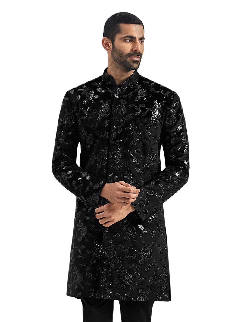 VASTRAMAY Men's Black Velvet Sherwani Only Top, Velvet Embroidered Sequiend Indo Western for Men for Weddings & Festivals, Traditional Ethnic Wear Outfit - Image 1