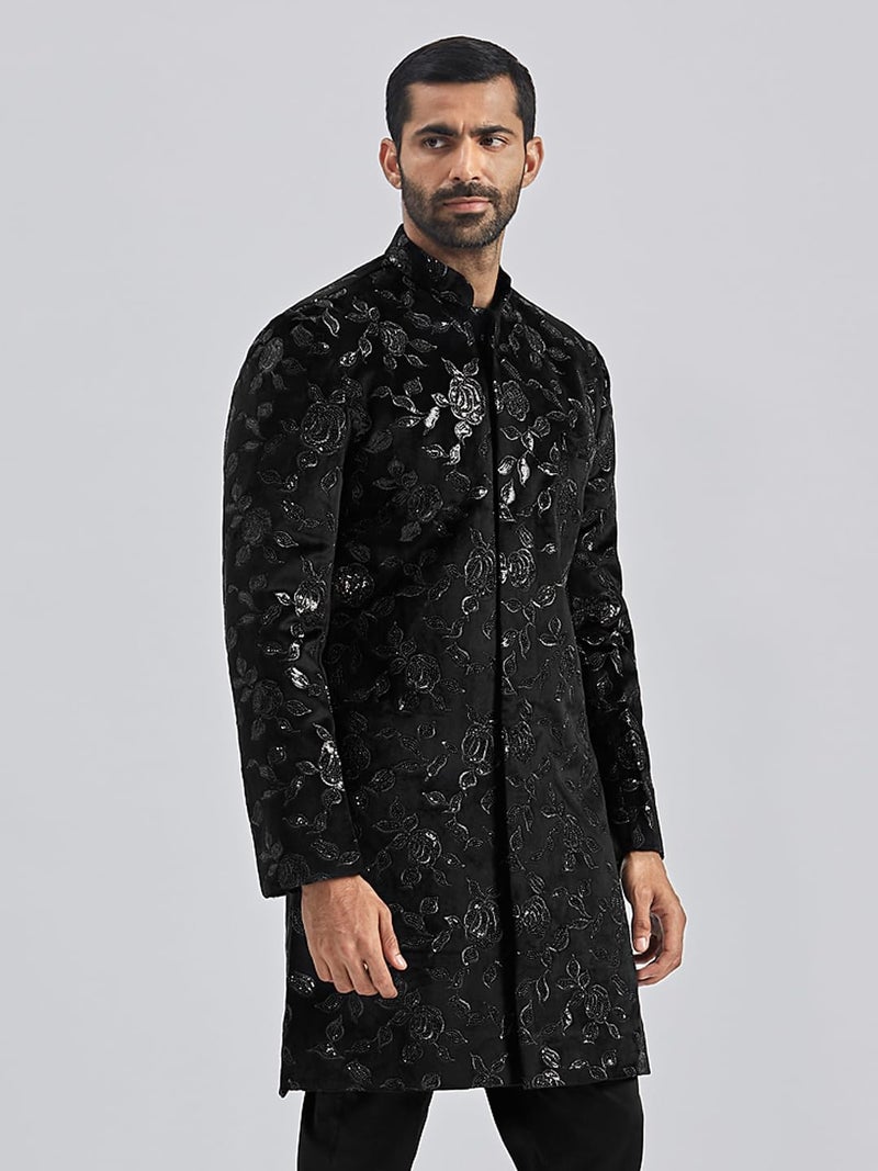 VASTRAMAY Men's Black Velvet Sherwani Only Top, Velvet Embroidered Sequiend Indo Western for Men for Weddings & Festivals, Traditional Ethnic Wear Outfit - Image 4