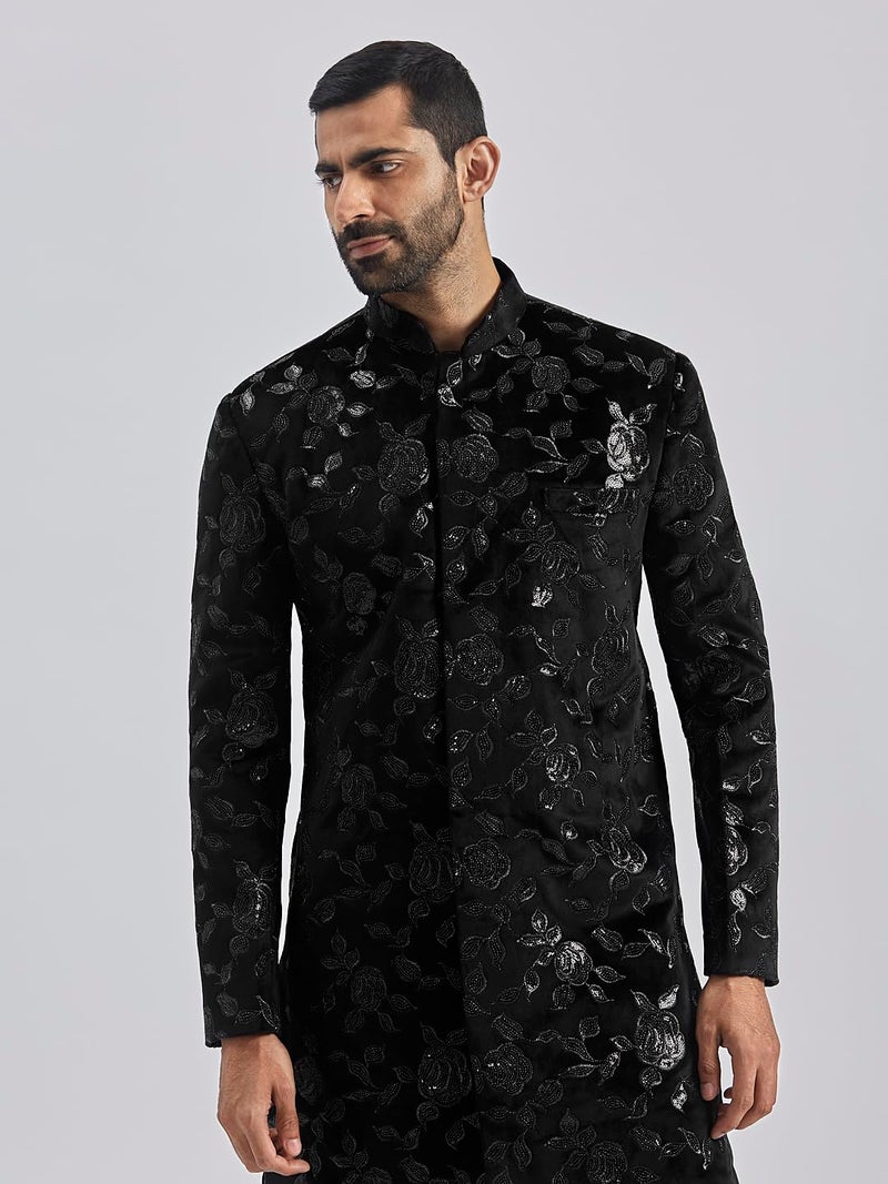 VASTRAMAY Men's Black Velvet Sherwani Only Top, Velvet Embroidered Sequiend Indo Western for Men for Weddings & Festivals, Traditional Ethnic Wear Outfit - Image 3