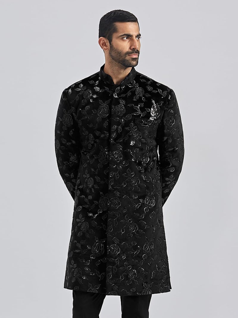 VASTRAMAY Men's Black Velvet Sherwani Only Top, Velvet Embroidered Sequiend Indo Western for Men for Weddings & Festivals, Traditional Ethnic Wear Outfit - Image 2