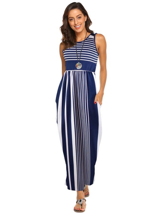 Hount Women's Summer Sleeveless Striped Flowy Casual Long Maxi Dress with Pockets, Navy White, L - Image 2
