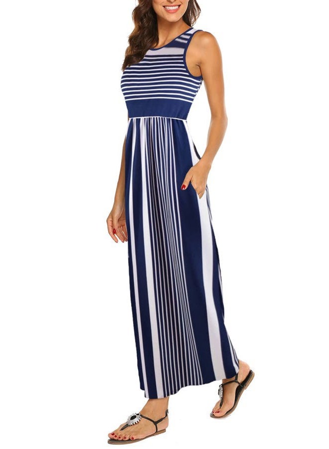 Hount Women's Summer Sleeveless Striped Flowy Casual Long Maxi Dress with Pockets, Navy White, L - Image 1