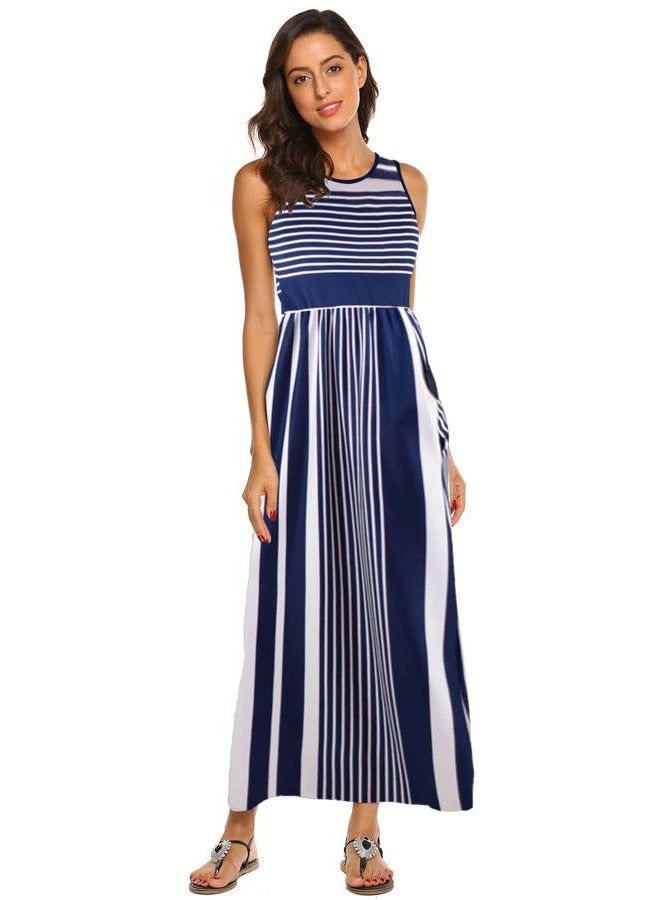 Hount Women's Summer Sleeveless Striped Flowy Casual Long Maxi Dress with Pockets, Navy White, L - Image 5