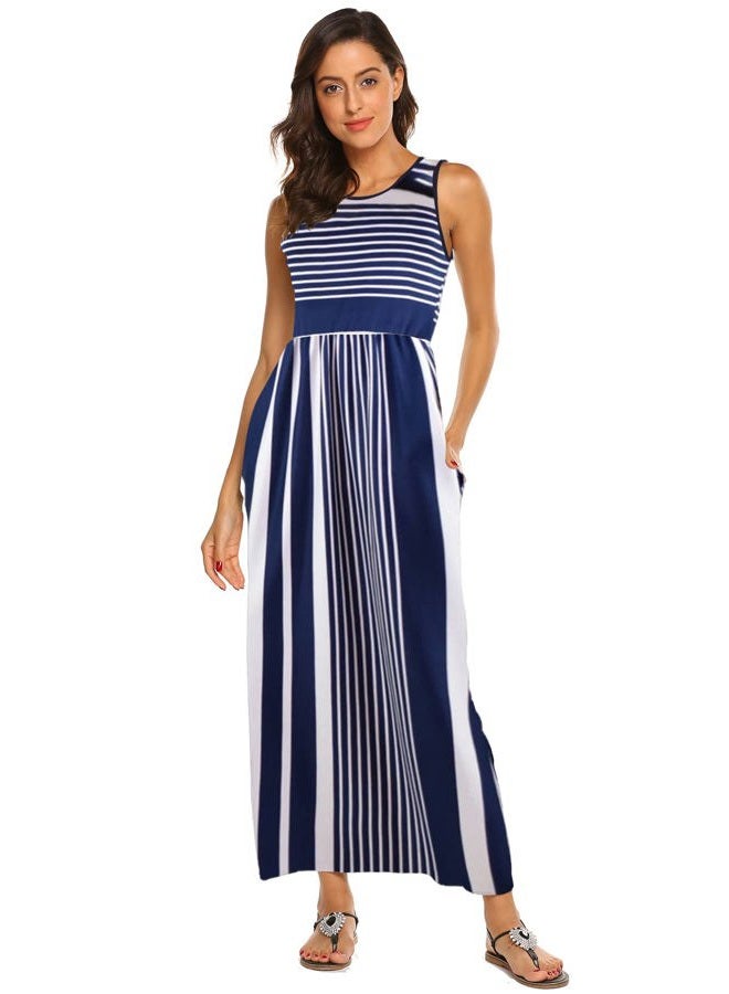 Hount Women's Summer Sleeveless Striped Flowy Casual Long Maxi Dress with Pockets, Navy White, L - Image 3