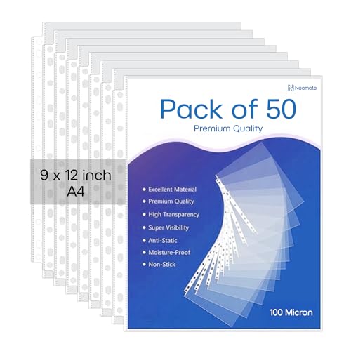 Neomate Heavy Duty 100 Micron Document Sleeves | 50 Pcs A4 Transparent Sheet Protectors with 11-Hole Punched for Ring Files | Waterproof Clear Sleeves for Certificates & Documents - Image 1