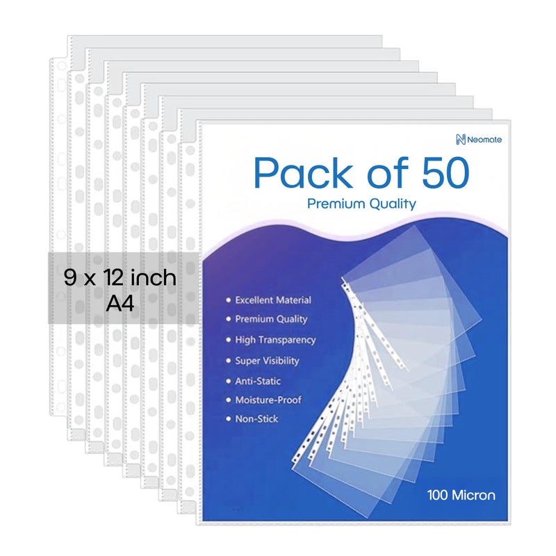 Neomate Heavy Duty 100 Micron Document Sleeves | 50 Pcs A4 Transparent Sheet Protectors with 11-Hole Punched for Ring Files | Waterproof Clear Sleeves for Certificates & Documents - Image 5