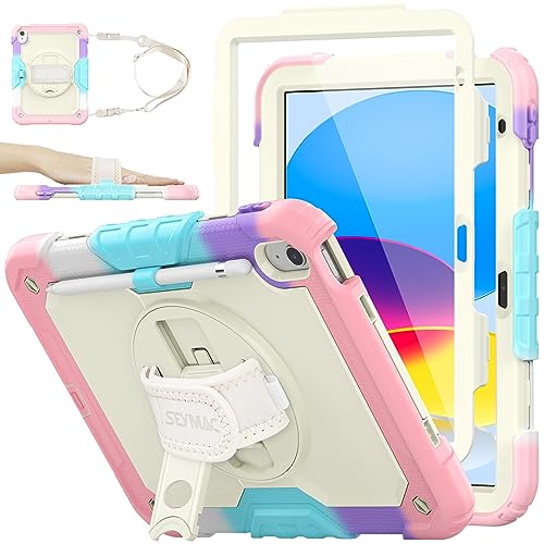 SEYMAC stock Case for iPad (A16) 11th/10th Generation 11''/10.9'' 2025/2022, Full-Body Drop Protection Case with Screen Protector &360° Rotate Hand Strap/Stand, Yellowish+Pink - Image 1