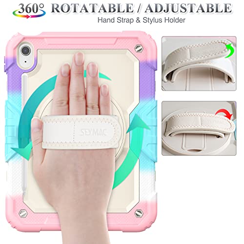 SEYMAC stock Case for iPad (A16) 11th/10th Generation 11''/10.9'' 2025/2022, Full-Body Drop Protection Case with Screen Protector &360° Rotate Hand Strap/Stand, Yellowish+Pink - Image 2