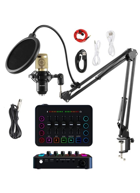 HD Gaming Audio Mixer Set Rechargeable Audio Interface RGB Mixer with XLR Mic Interface 48V Phantom Power for Podcast/Recording (Standard package + gold microphone)