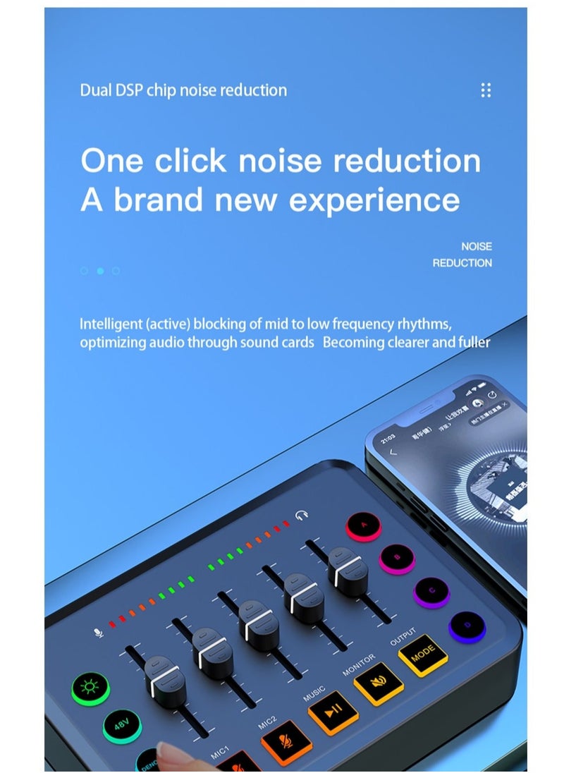 HD Gaming Audio Mixer Set Rechargeable Audio Interface RGB Mixer with XLR Mic Interface 48V Phantom Power for Podcast/Recording (Standard package + gold microphone)
