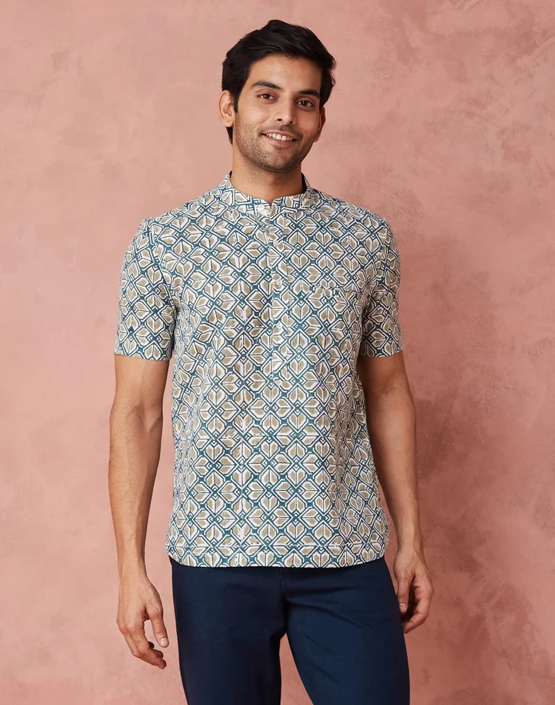 Fabindia Blue Cotton Printed Mid Placket Shirt