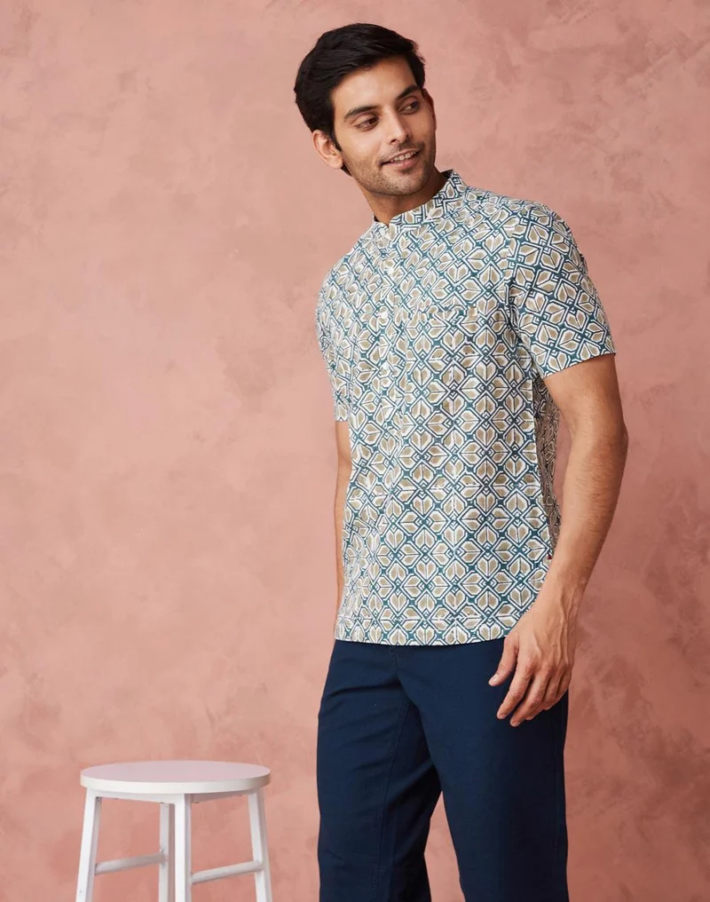 Fabindia Blue Cotton Printed Mid Placket Shirt