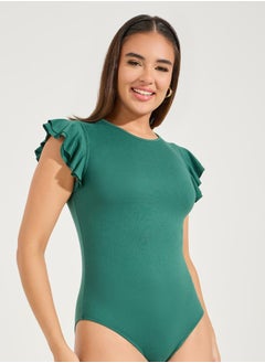 Styli Solid Round Neck Frill Sleeve Bodysuit  - Image 1