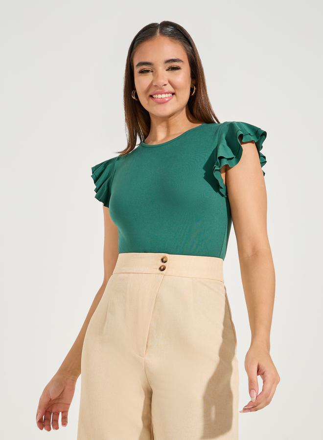 Styli Solid Round Neck Frill Sleeve Bodysuit  - Image 2