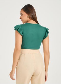 Styli Solid Round Neck Frill Sleeve Bodysuit  - Image 5