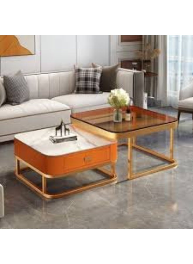 Modern Nesting Coffee Tables Set of 2, Orange High Gloss with Gold Frame, Storage Drawer - Image 1