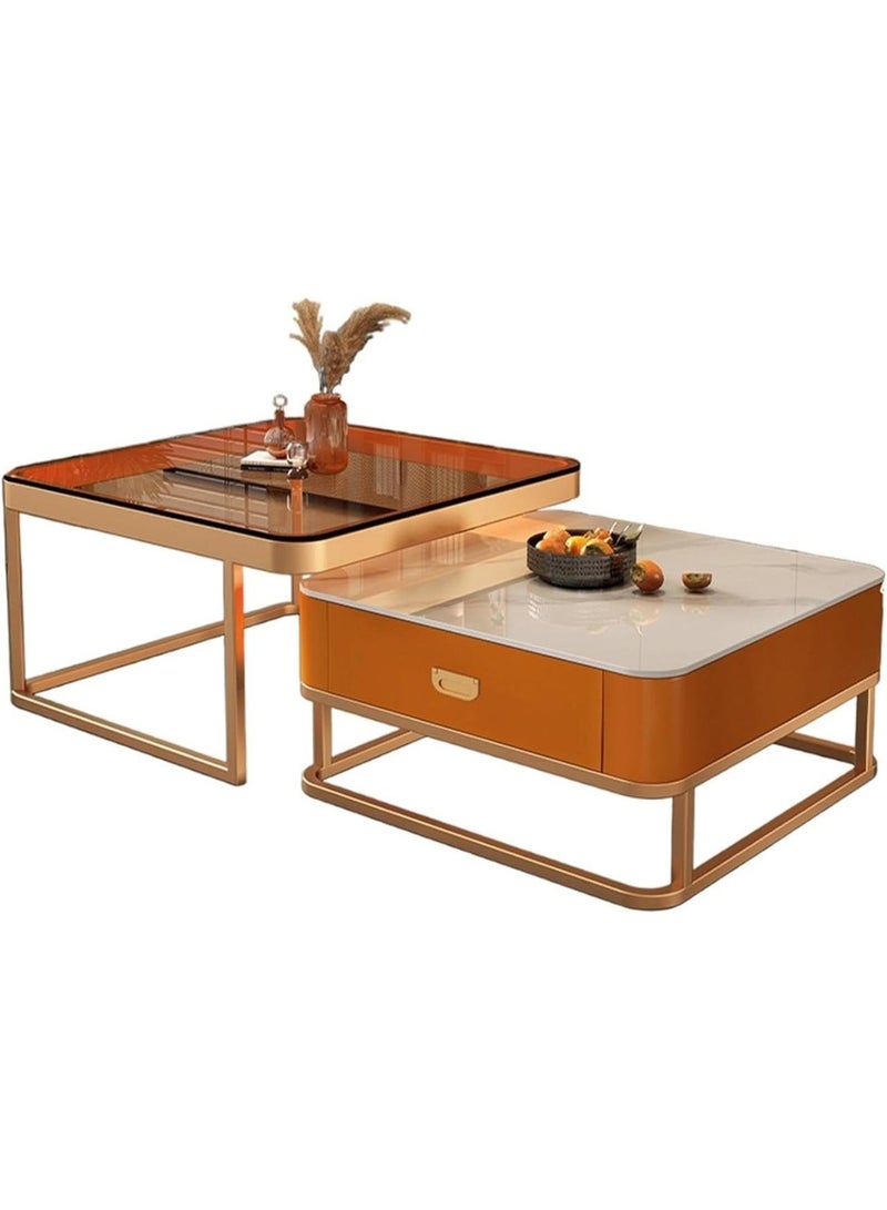 Modern Nesting Coffee Tables Set of 2, Orange High Gloss with Gold Frame, Storage Drawer - Image 2