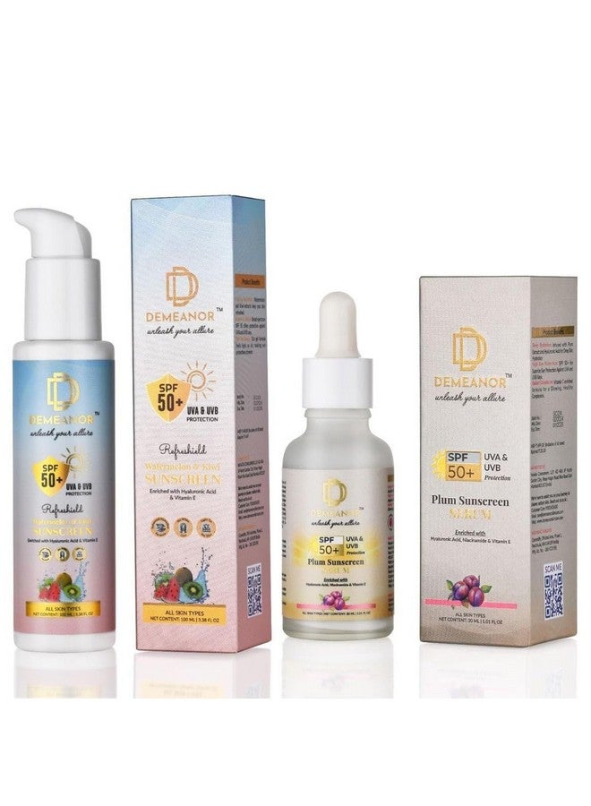 DEMEANOR Watermelon Sunscreen - 100ml & Sunscreen Serum - 30 ml for All Skin Types for Face & Body - 50 Pa +++, Uva & Uvb Shield, No White Cast, Quick Absorbing, For Men & Women (Combo) - Image 1
