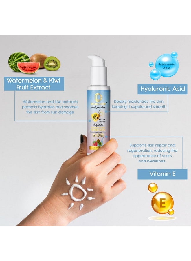DEMEANOR Watermelon Sunscreen - 100ml & Sunscreen Serum - 30 ml for All Skin Types for Face & Body - 50 Pa +++, Uva & Uvb Shield, No White Cast, Quick Absorbing, For Men & Women (Combo) - Image 4