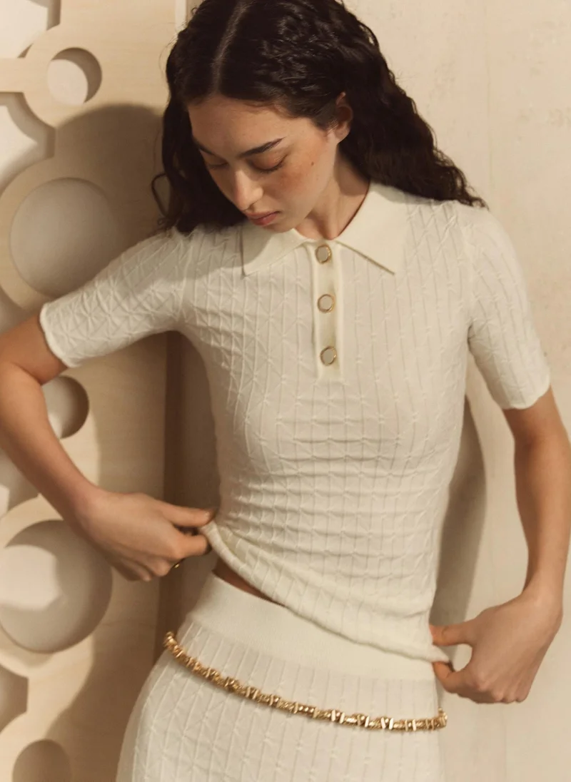 Lichi  Polo shirt in textured knit with large buttons for Women | Best Price UAE