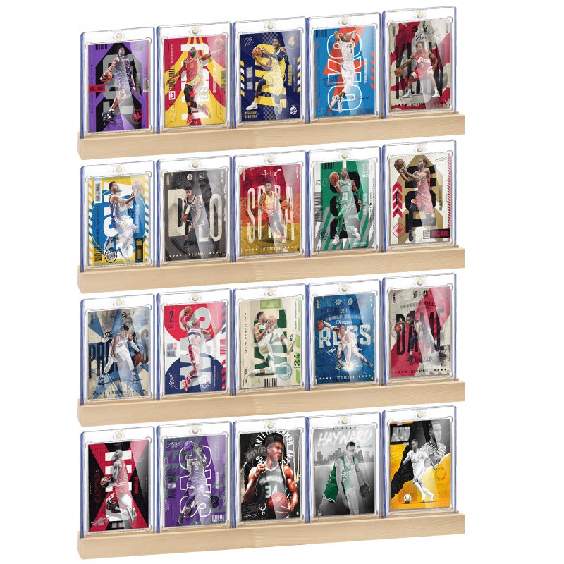 Famaster Sports Card Display Shelf for Wall, Holds 20 Trading Cards, 4PCS Wooden Card Holder for Baseball, Football, Basketball, and Graded Card Collection, Natural - Image 1