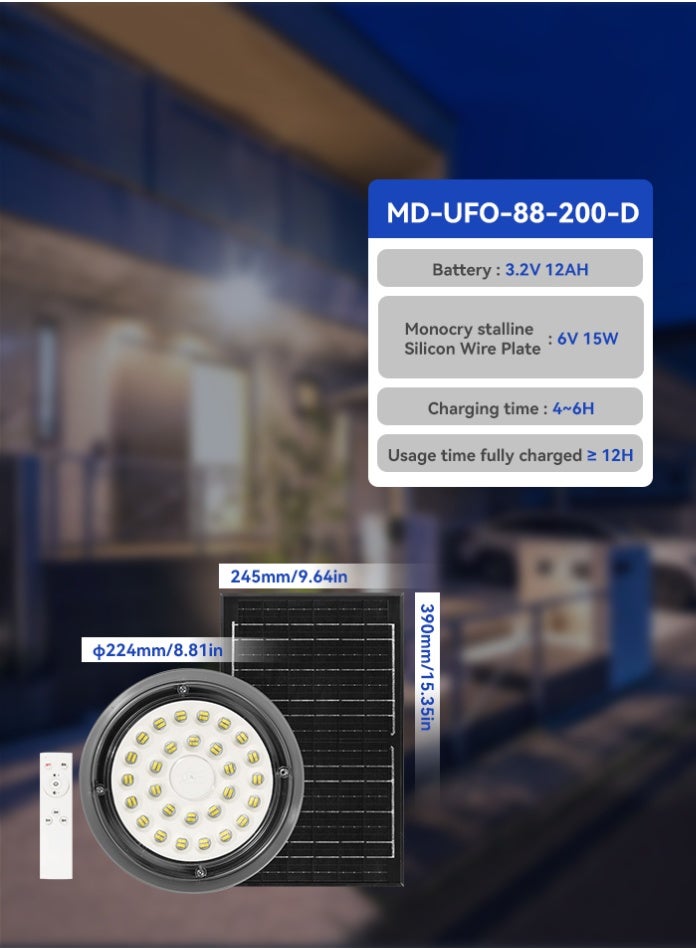 مصباح معلق يعمل بالطاقة الشمسية Φ224 مم SMD 2835 أسود مع جهاز تحكم عن بعد ووقت عمل طويل للمستودعات وسقيفة الفناء وإضاءة موفرة للطاقة - Image 3