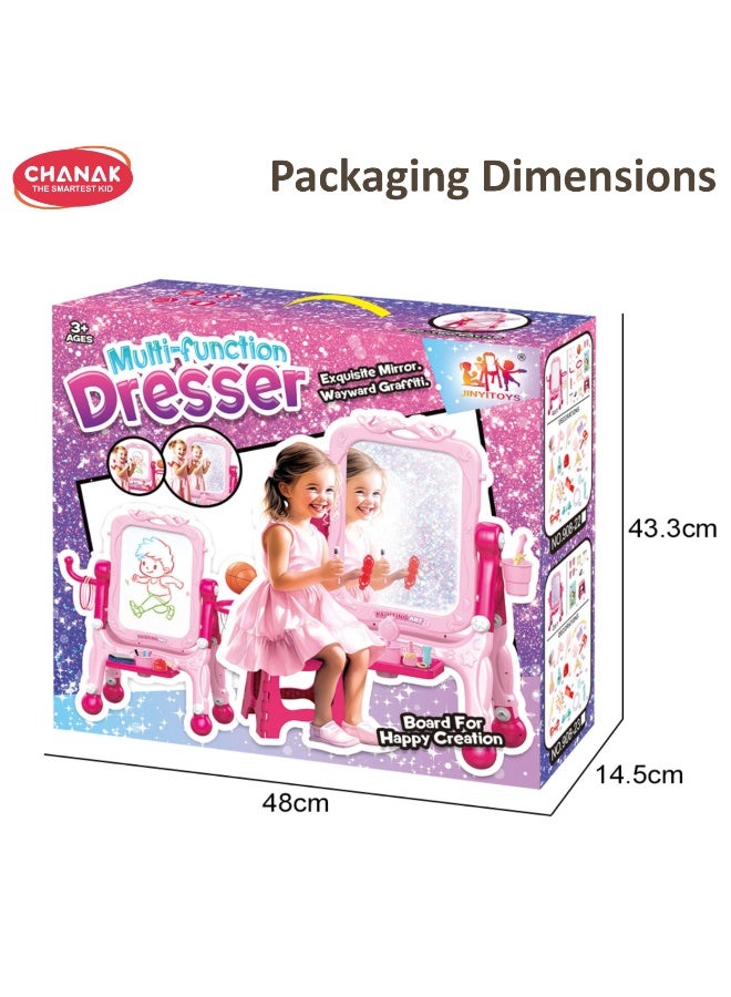 Chanak 4 In 1 Multi Function Dresser & Sketchpad Playset For Girls Makeup Vanity With Mirror, Drawing Board, Basketball, And Accessories Educational Pretend Play Set For Kids  Ages 3+ - Image 2