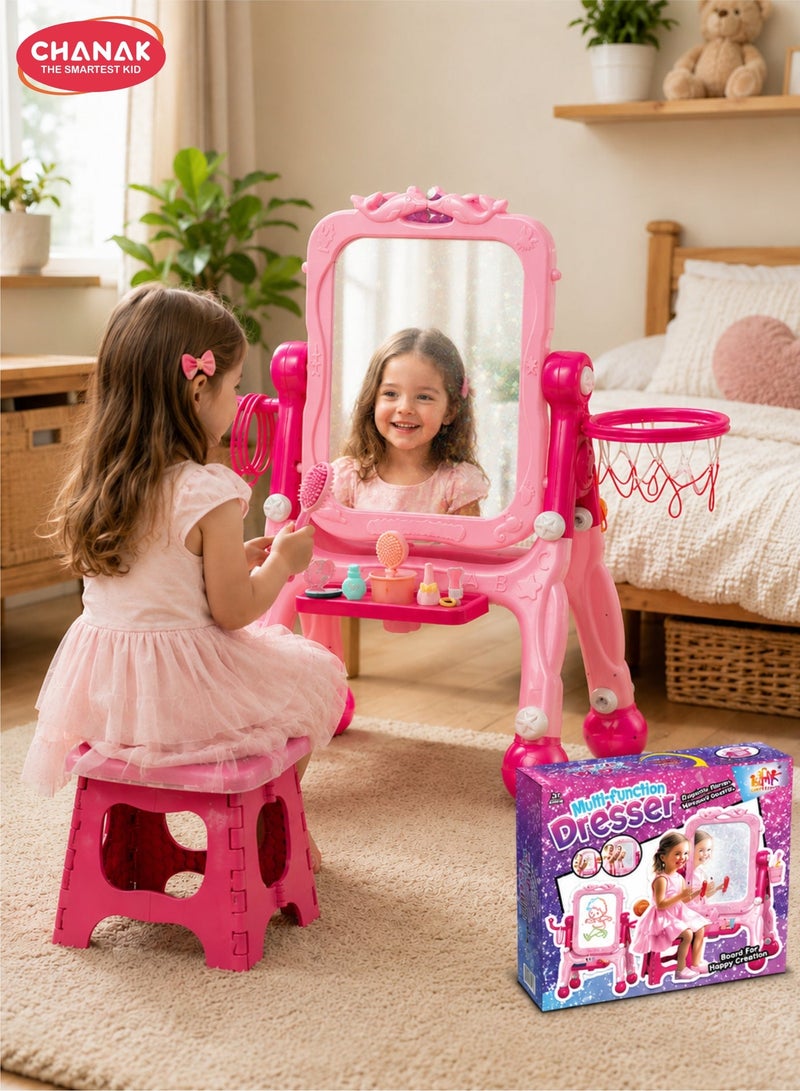 Chanak 4 In 1 Multi Function Dresser & Sketchpad Playset For Girls Makeup Vanity With Mirror, Drawing Board, Basketball, And Accessories Educational Pretend Play Set For Kids  Ages 3+ - Image 1