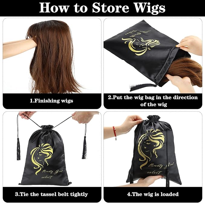 6 Pieces Satin Wig Bags Soft Silky Pouches with Drawstring Tassel Packaging Hair Extensions Bundles Wigs Bags Hair Tools Storage Bags for Home and Salon Use Black and Rose Red