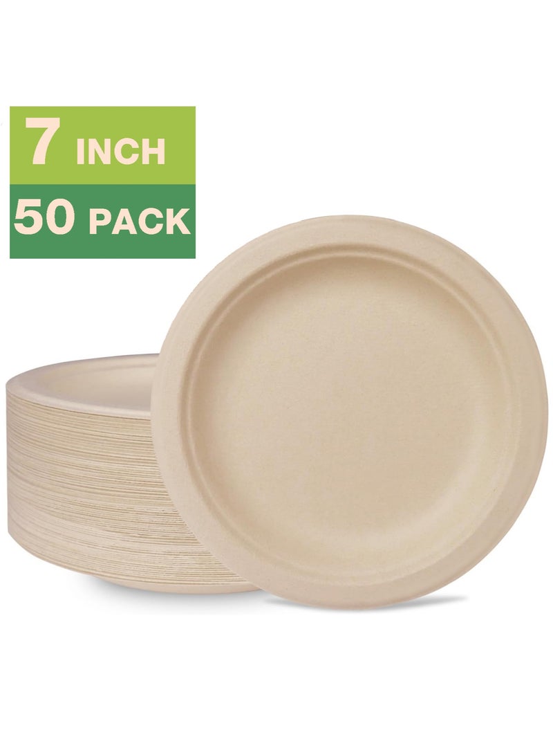 Paper Plates, 100% Compostable Heavy Duty, Disposable 7 Inch, Small Dessert Plate - [50-Pack]- Eco-Friendly, Biodegradable Bagasse Natural Brown Small Plates  - Image 1