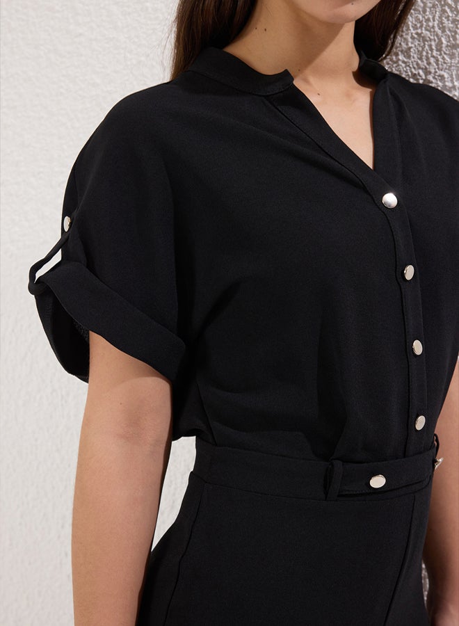 trendyol Black Judge Collar Crepe Long Woven Jumpsuit - Image 4