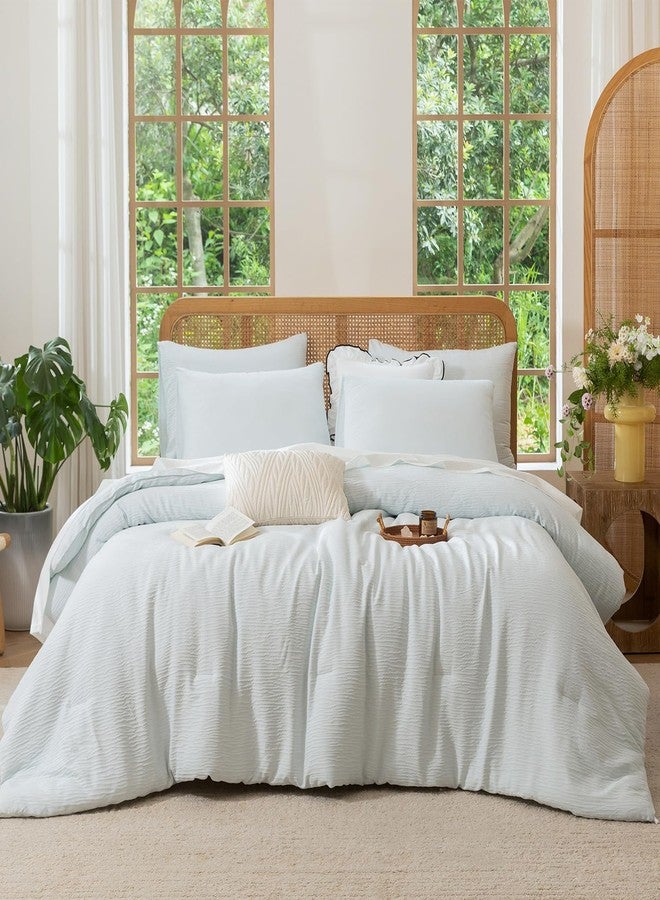 BUPIRD 3 Pieces Light Blue King Comforter Set, Lightweight Double-Layer Crinkle Gauze All Season Soft Bedding (90x104 in Comforter & 2 Pillowcases) - Image 2