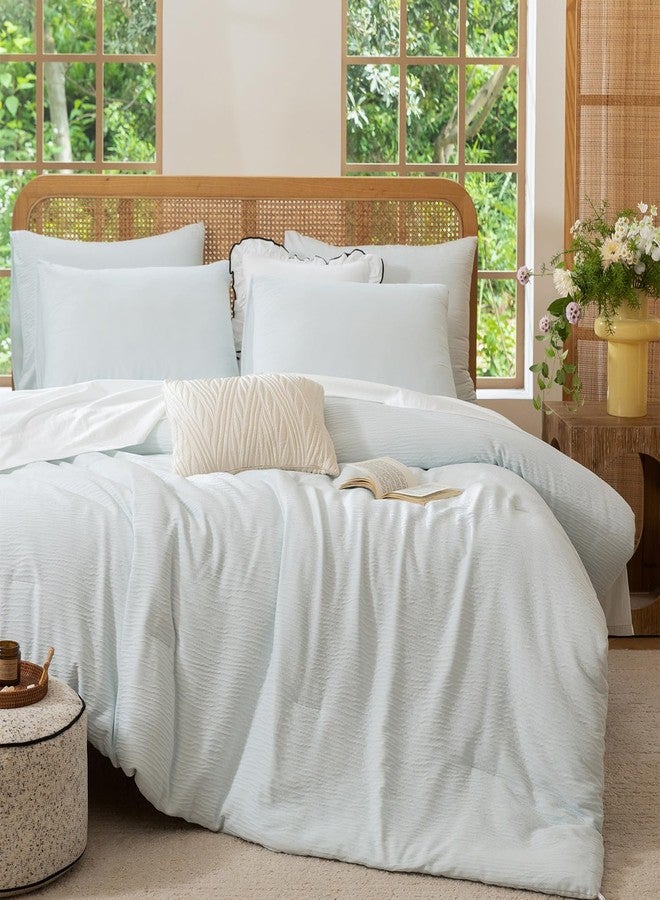 BUPIRD 3 Pieces Light Blue King Comforter Set, Lightweight Double-Layer Crinkle Gauze All Season Soft Bedding (90x104 in Comforter & 2 Pillowcases) - Image 3
